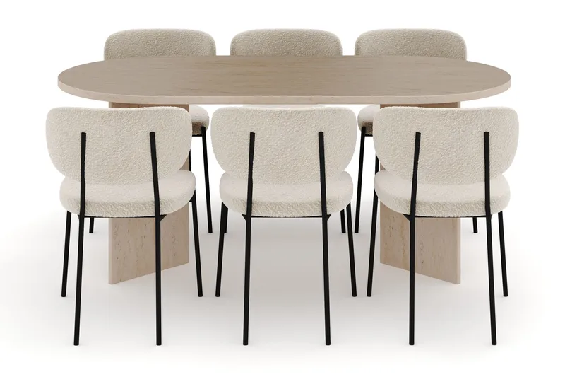 Dano Matbord 180 cm  med 6 Gemmiano Matstolar - Travertin / Vit Bouclé - Möbler - Bord & matgrupper - Matgrupper