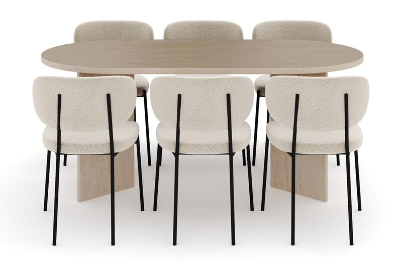 Dano Matbord 180 cm med 6 Gemmiano Matstolar - Travertin / Vit Bouclé - Möbler - Bord & matgrupper - Matgrupper