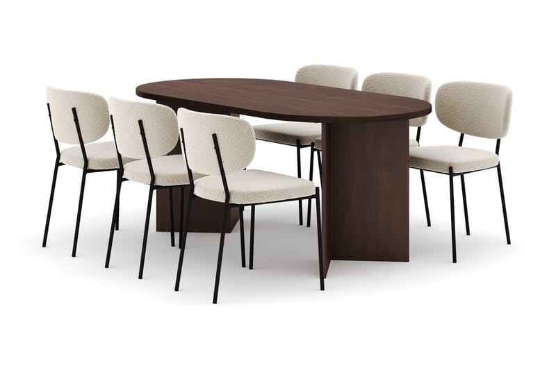 Dano Matbord 180 cm med 6 Gemmiano Matstolar, Valnöt / Vit Bouclé