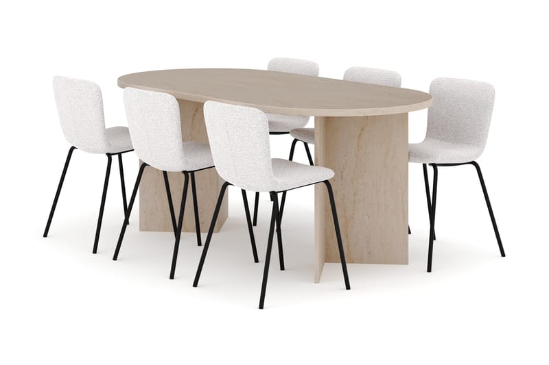 Dano Matbord 180 cm med 6 Katy Matstolar, Travertin / Vit