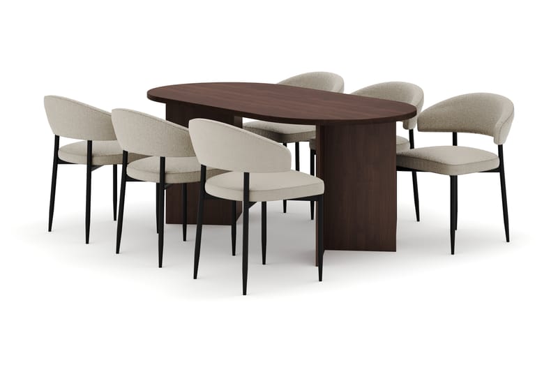 Dano Matbord 180 cm med 6 Sawako Matstolar, Valnöt / Beige