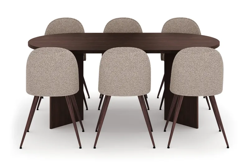 Dano Oval Matgrupp 180 cm – Matbord med 6 Nibe Plus Matstolar med Trä- och Valnötsutseende - Brun|Greige - Möbler - Bord & matgrupper - Matgrupper