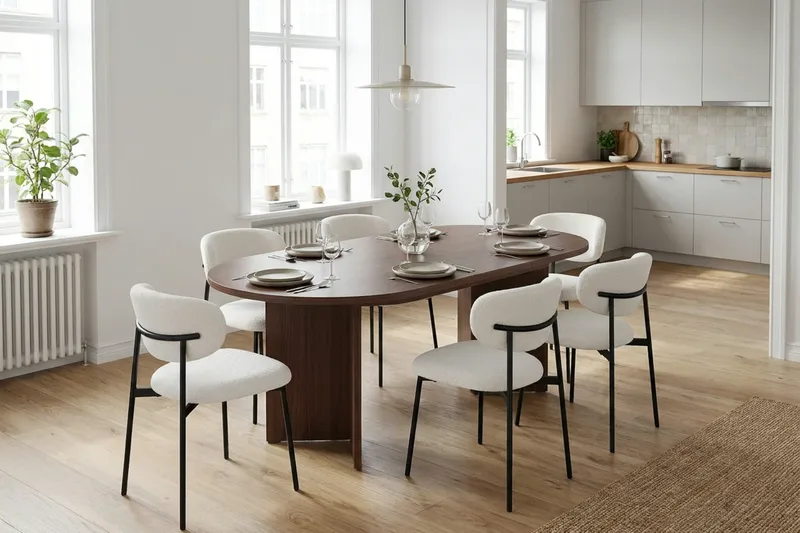 Dano Oval Utdragbar Matgrupp 160-200 cm – Matbord med 6 Lucy Matstolar med Trä- och Valnötsutseende - Brun|Vit - Möbler - Bord & matgrupper - Matgrupper