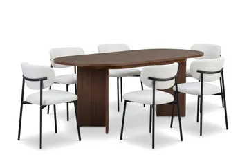 Dano Oval Utdragbar Matgrupp 160-200 cm – Matbord med 6 Lucy Matstolar med Trä- och Valnötsutseende - Brun|Vit - Möbler - Bord & matgrupper - Matgrupper