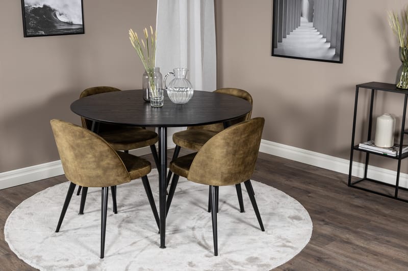 Dipp Matgrupp 115 cm Rund med 4 Velvet stolar - Svart - Möbler - Bord & matgrupper - Matgrupper