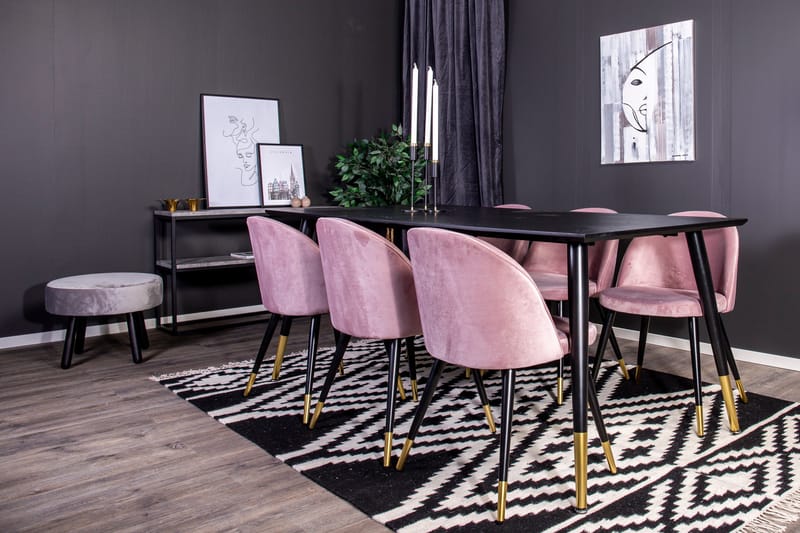 Dipp Matgrupp 180 cm Rektangulär med 6 Velvet stolar - Svart/Guld - Möbler - Bord & matgrupper - Matgrupper