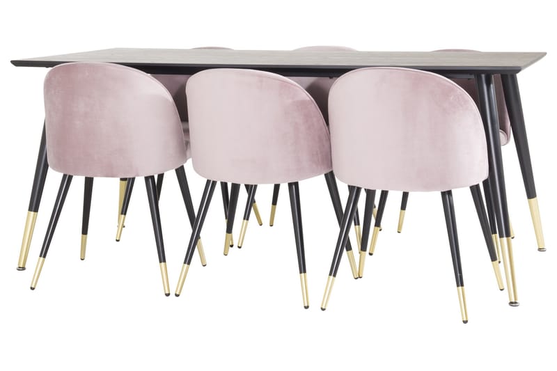Dipp Matgrupp 180 cm Rektangulär med 6 Velvet stolar - Svart/Guld - Möbler - Bord & matgrupper - Matgrupper