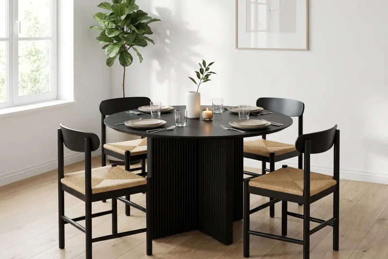 Edda Matgrupp runt 110 cm Svart med 4 Malte Matstolar - Möbler - Bord & matgrupper - Matgrupper