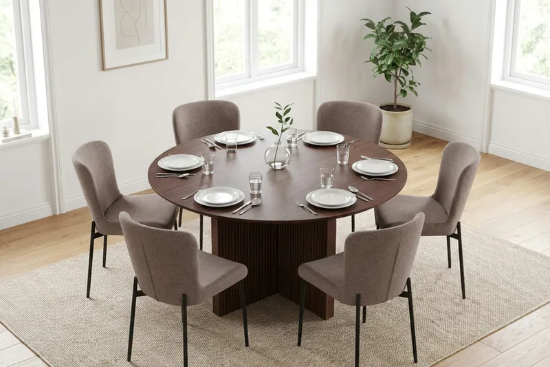 Edda Matgrupp runt 130 cm Valnöt med 6 Elsie Matstolar - Valnöt - Möbler - Bord & matgrupper - Matgrupper