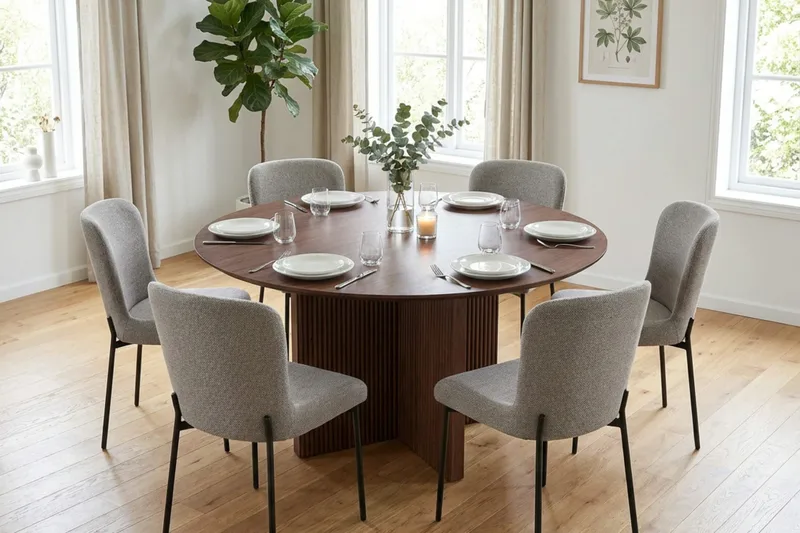 Edda Matgrupp runt 130 cm Valnöt med 6 Elsie Matstolar - Valnöt/Ljusgrå - Möbler - Bord & matgrupper - Matgrupper