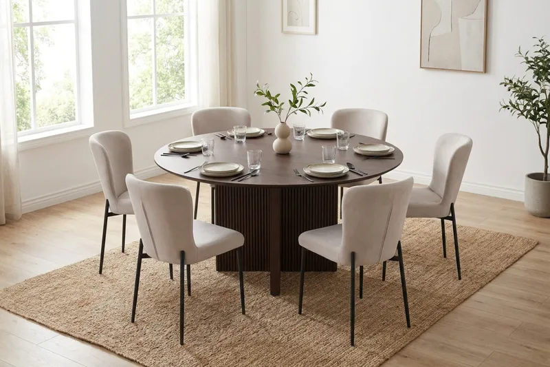 Edda Matgrupp runt 150 cm Rökt Ek med 6 Elsie Matstolar - Rökt ek/Beige - Möbler - Bord & matgrupper - Matgrupper