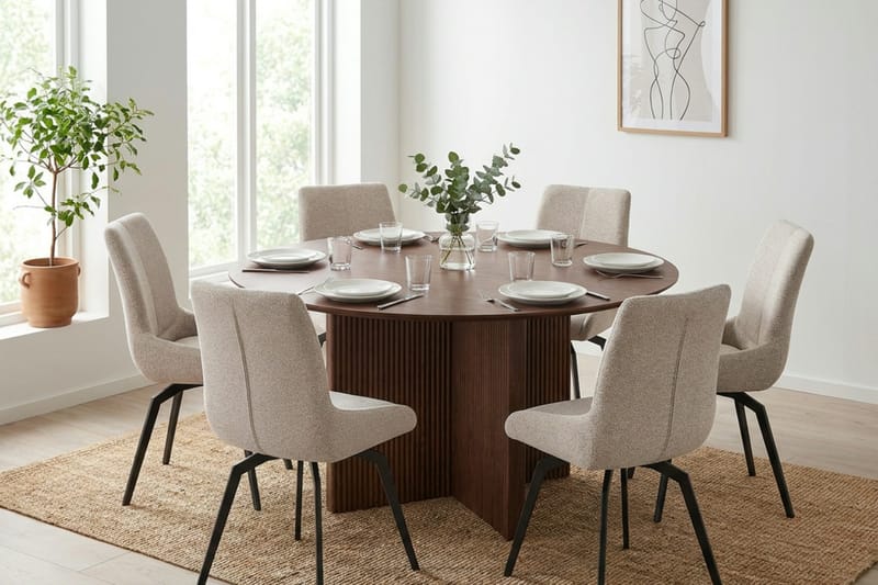 Edda Matgrupp runt 150 cm Valnöt med 6 Mora Matstolar - Möbler - Bord & matgrupper - Matgrupper