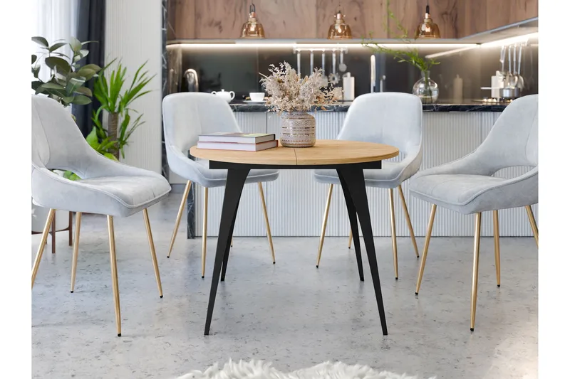 Eldo Utdragbart Runt Matbord 100 cm med Ek- och Metallutseende - Svart|Beige - Möbler - Bord & matgrupper - Matbord & köksbord