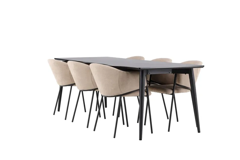 Ellis Matgrupp 230 cm Rektangulär med 6 Evelina stolar, Svart/Beige