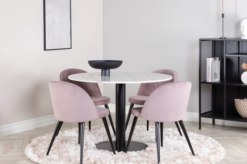 Estelle Matbord 106 cm Runt Marmor med 4 Velvet Matstol Manchester