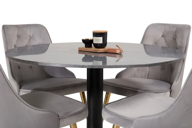 Estelle Matgrupp 106 cm Rund med 4 Velvet stolar - Svart/Guld - Möbler - Bord & matgrupper - Matgrupper