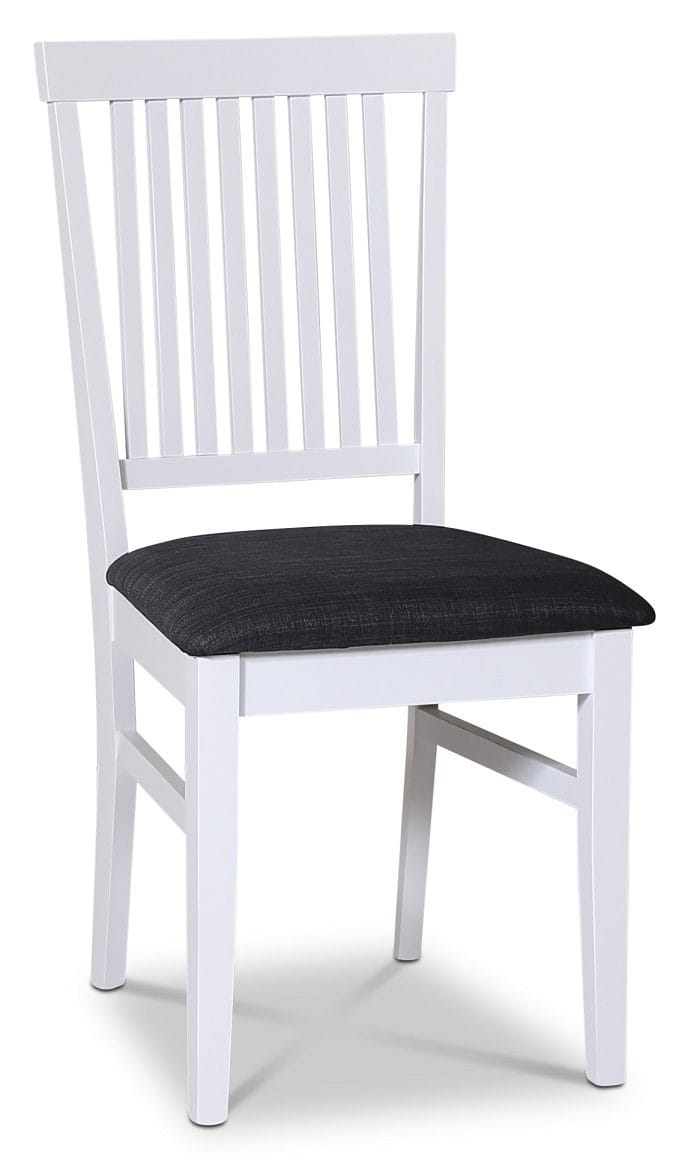 Fårö matgrupp; matbord 140x90 cm - Vit / oljad ek med 4 st Fårö matstolar med ribbor i ryggen, sits i grått tyg, Vit/Oljad Ek