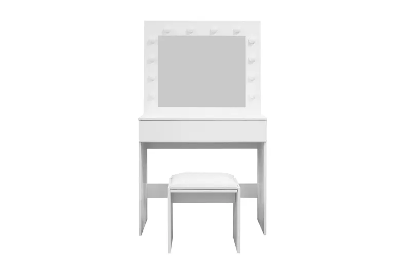 Glow Litet sminkbord 80 cm med spegel lådor och pall -  LED Belysning, Vit