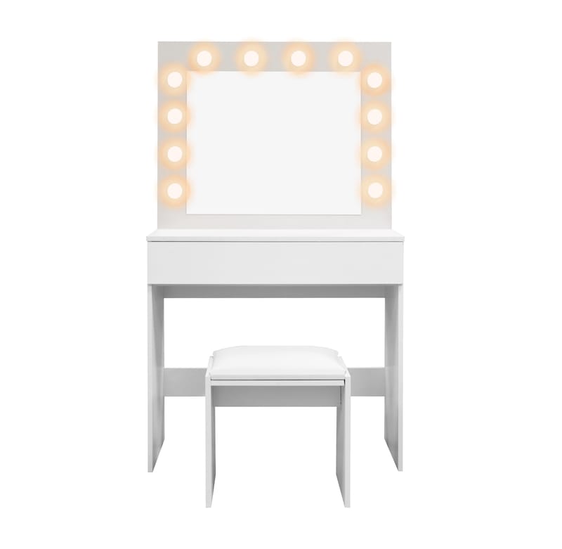 Glow Litet sminkbord 80 cm med spegel lådor och pall -  LED Belysning - Vit - Möbler - Bord & matgrupper - Sminkbord & toalettbord
