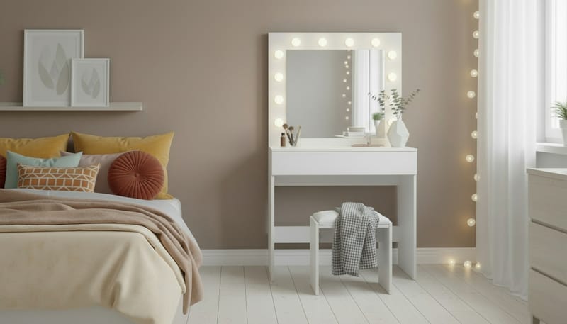 Glow Litet sminkbord 80 cm med spegel lådor och pall -  LED Belysning - Vit - Möbler - Bord & matgrupper - Sminkbord & toalettbord