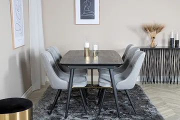 Gold Matbord 180 cm Förlängningsbart med 6 Velvet Deluxe Sammetstol - Ljusgrå, Svart - Möbler - Bord & matgrupper - Matgrupper