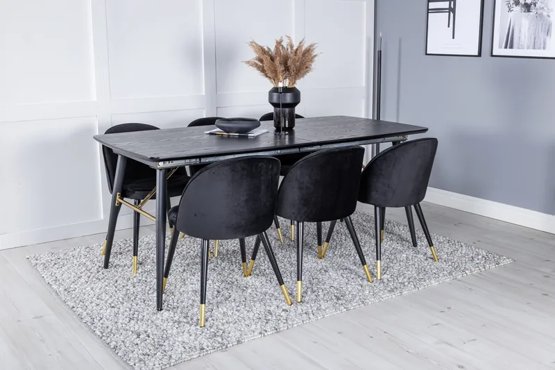 Gold Matgrupp Förlängningsbar 180-220 cm Rektangulär med 6 Velvet stolar - Svart/Guld - Möbler - Bord & matgrupper - Matgrupper