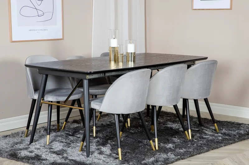 Gold Matgrupp Förlängningsbar 180-220 cm Rektangulär med 6 Velvet stolar - Svart/Guld - Möbler - Bord & matgrupper - Matgrupper