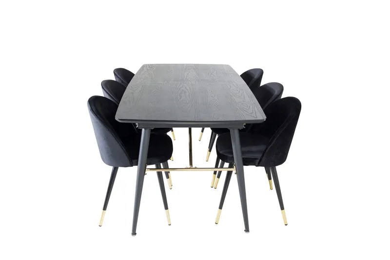 Gold Matgrupp Förlängningsbar 180-220 cm Rektangulär med 6 Velvet stolar, Svart/Guld