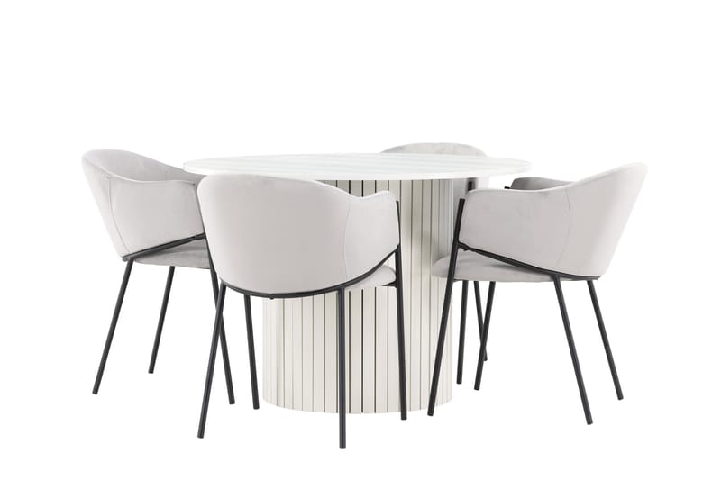 Härön Matgrupp 110 cm Rund med 4 Evelina stolar, Vit/Grå