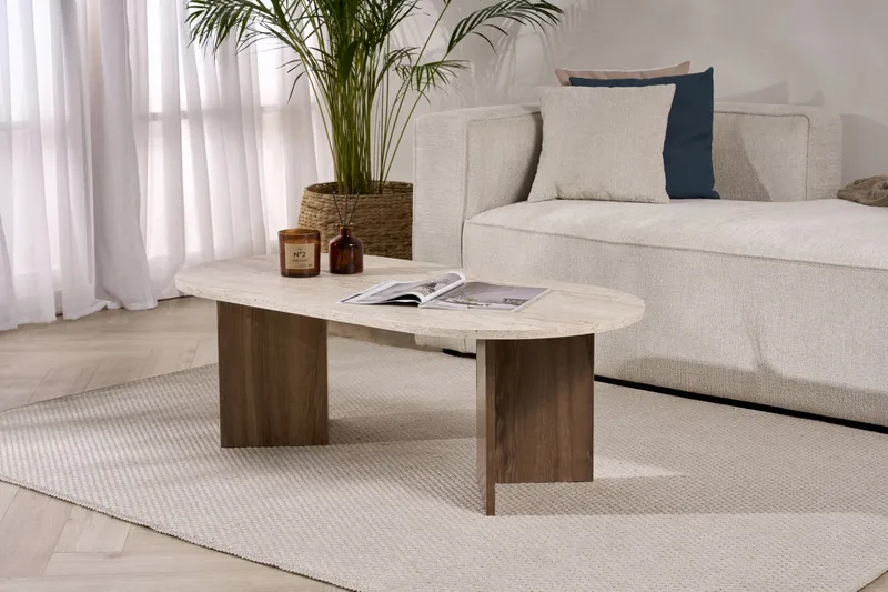 Hasina Ovalt Soffbord 119x60 cm med Travertin- och Valnötsutseende - Beige - Möbler - Bord & matgrupper - Soffbord