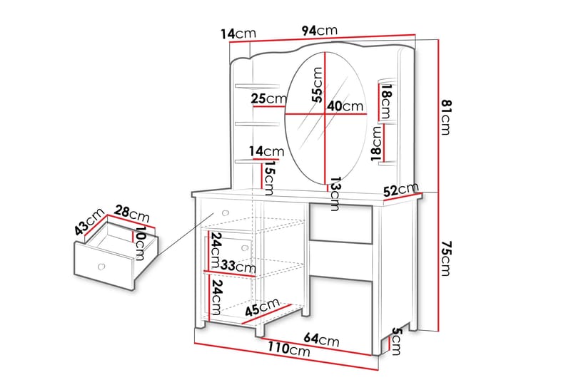Hilts Sminkbord 110x52 cm - Vit/Rosa - Möbler - Bord & matgrupper - Sminkbord & toalettbord