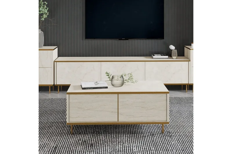 Imaj Soffbord 90 cm Rektangulärt med Lådor i Målat Trä - Beige - Möbler - Bord & matgrupper - Soffbord