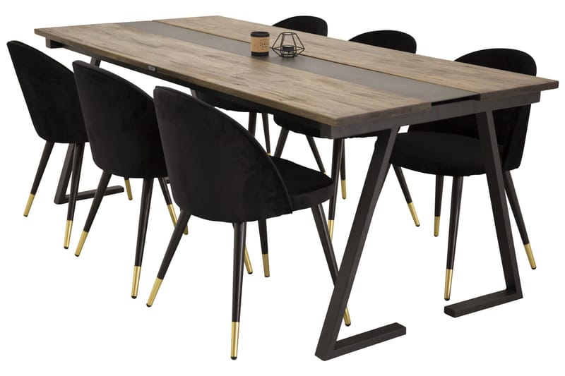 Jakarta Matgrupp 200 cm Rektangulär med 6 Velvet stolar - Svart/Guld - Möbler - Bord & matgrupper - Matgrupper