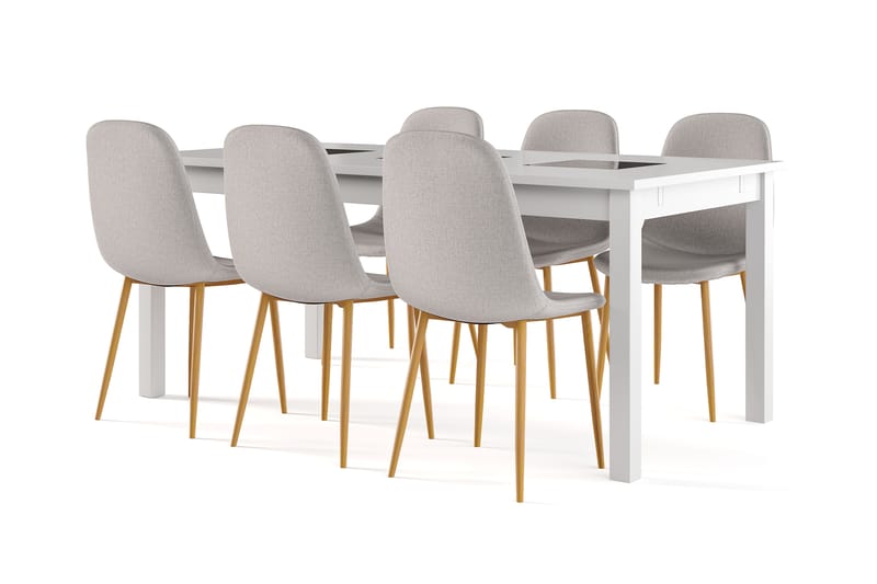 Jasmin Förlängningsbart Matbord 180 cm +  6 st Nibe stol grå med ek ben, Vit/Grå