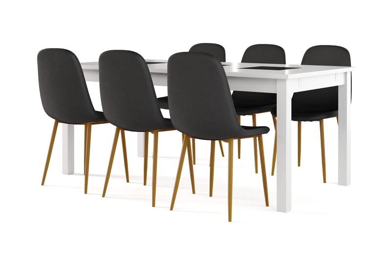 Jasmin Förlängningsbart Matbord 180 cm +  6 st Nibe stol svart med ek ben, Vit/Svart
