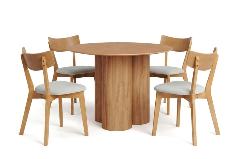 Juno Matgrupp 110 cm runt i Ek med 4 Amelia Matstolar med Dyna - Ek/Beige - Möbler - Bord & matgrupper - Matgrupper