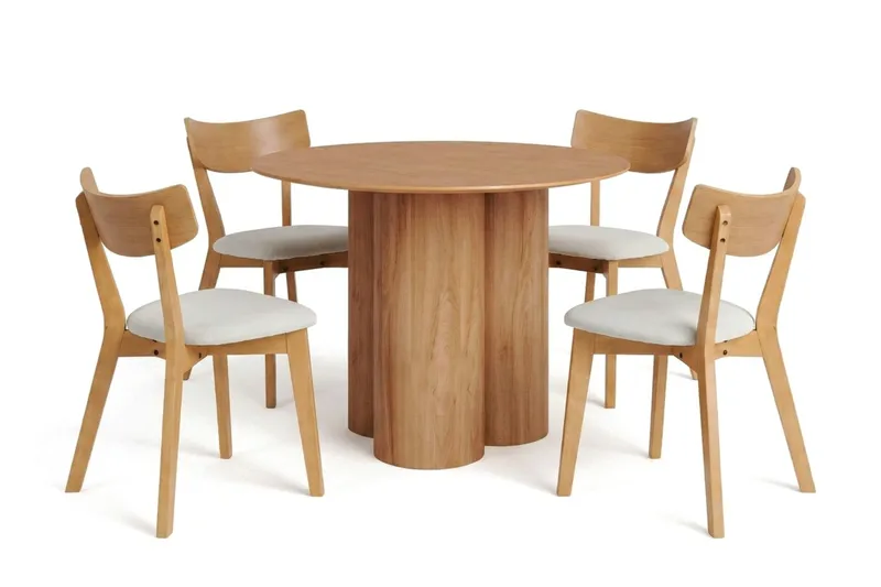 Juno Matgrupp 110 cm runt i Ek med 4 Amelia Matstolar med Dyna, Ek/Beige