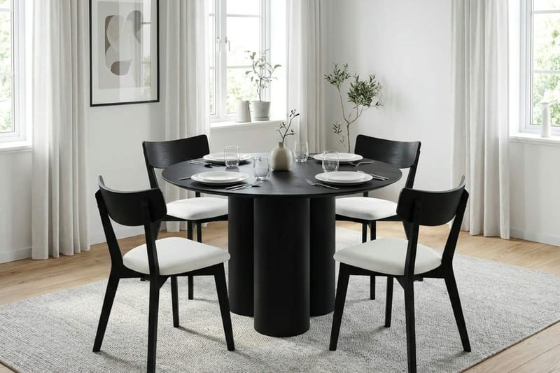 Juno Matgrupp 110 cm runt i Svart med 4 Amelia Matstolar med Dyna - Svart/Beige - Möbler - Bord & matgrupper - Matgrupper