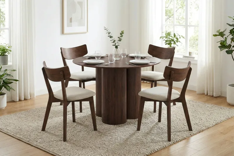 Juno Matgrupp 110 cm runt i Valnöt med 4 Amelia Matstolar med Dyna - Valnöt/Beige - Möbler - Bord & matgrupper - Matgrupper