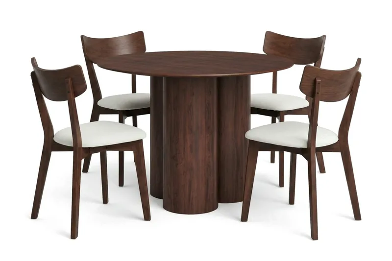 Juno Matgrupp 110 cm runt i Valnöt med 4 Amelia Matstolar med Dyna - Valnöt/Beige - Möbler - Bord & matgrupper - Matgrupper