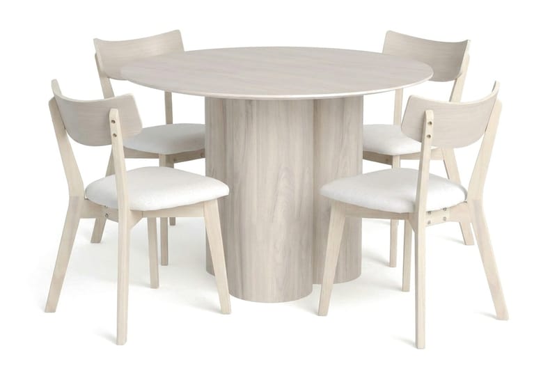 Juno Matgrupp 110 cm runt Vitlaserad med 4 Amelia Matstolar med Dyna - Vitlaserad/Beige - Möbler - Bord & matgrupper - Matgrupper