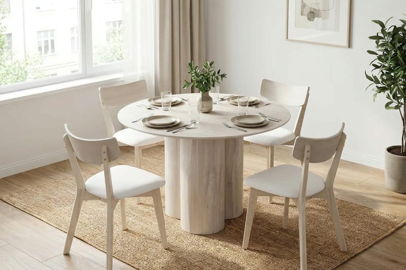 Juno Matgrupp 110 cm runt Vitlaserad med 4 Amelia Matstolar med Dyna - Vitlaserad/Beige - Möbler - Bord & matgrupper - Matgrupper