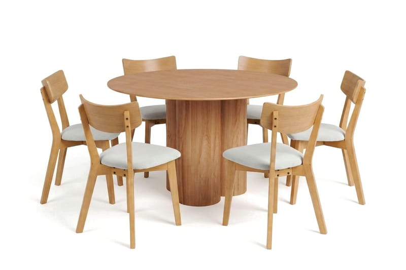 Juno Matgrupp 130 cm runt i Ek med 6 Amelia Matstolar med Dyna - Ek/Beige - Möbler - Bord & matgrupper - Matgrupper