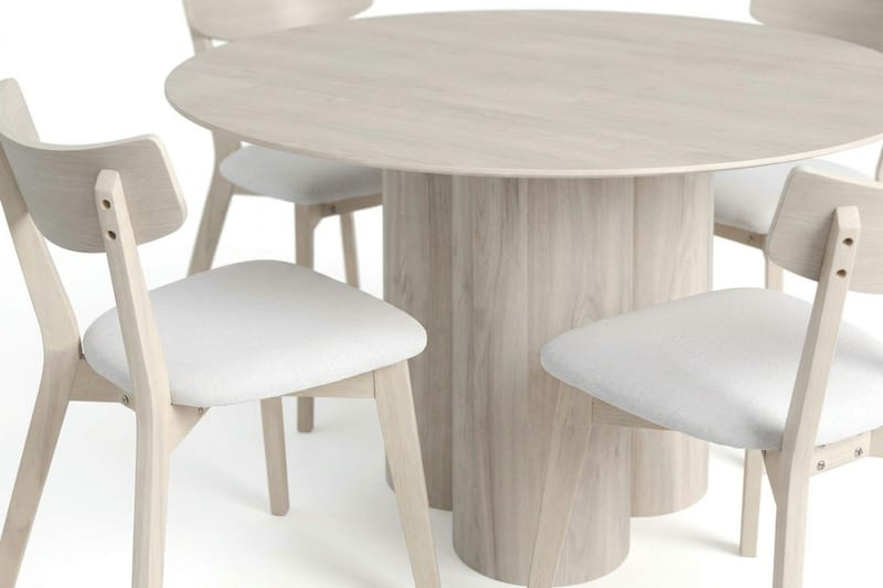 Juno Matgrupp 130 cm runt Vitlaserad med 6 Ameli Matstolar med Dyna - Vitlaserad/Beige - Möbler - Bord & matgrupper - Matgrupper
