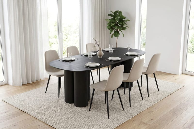 Juno Matgrupp rektangulärt 220 cm Svart med 6 Nibe Matstolar - Svart - Möbler - Bord & matgrupper - Matgrupper