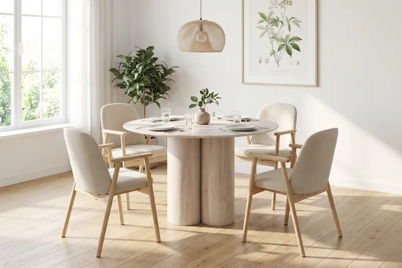 Juno Matgrupp runt 110 cm Vitlaserad med 4 Reciclar Matstolar - Vitlaserad - Möbler - Bord & matgrupper - Matgrupper