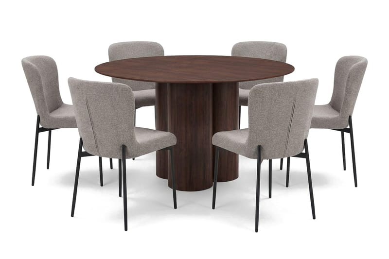 Juno Matgrupp runt 130 cm Valnöt med 6 Elsie Matstolar - Valnöt/Ljusgrå - Möbler - Bord & matgrupper - Matgrupper