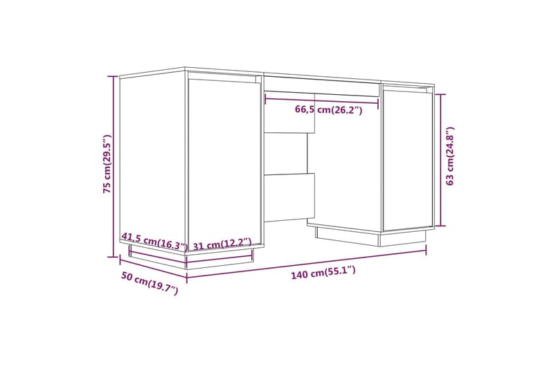 beBasic Skrivbord 140x50x75 cm massiv furu - Brown - Skrivbord