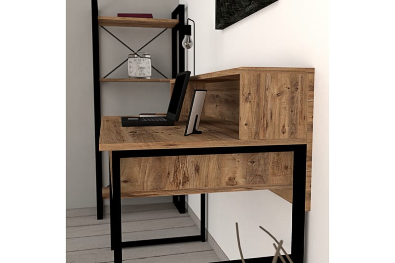 Dengeze Skrivbord 120 cm med Förvaring 2 Hyllor - Valnötsbrun/Svart - Skrivbord