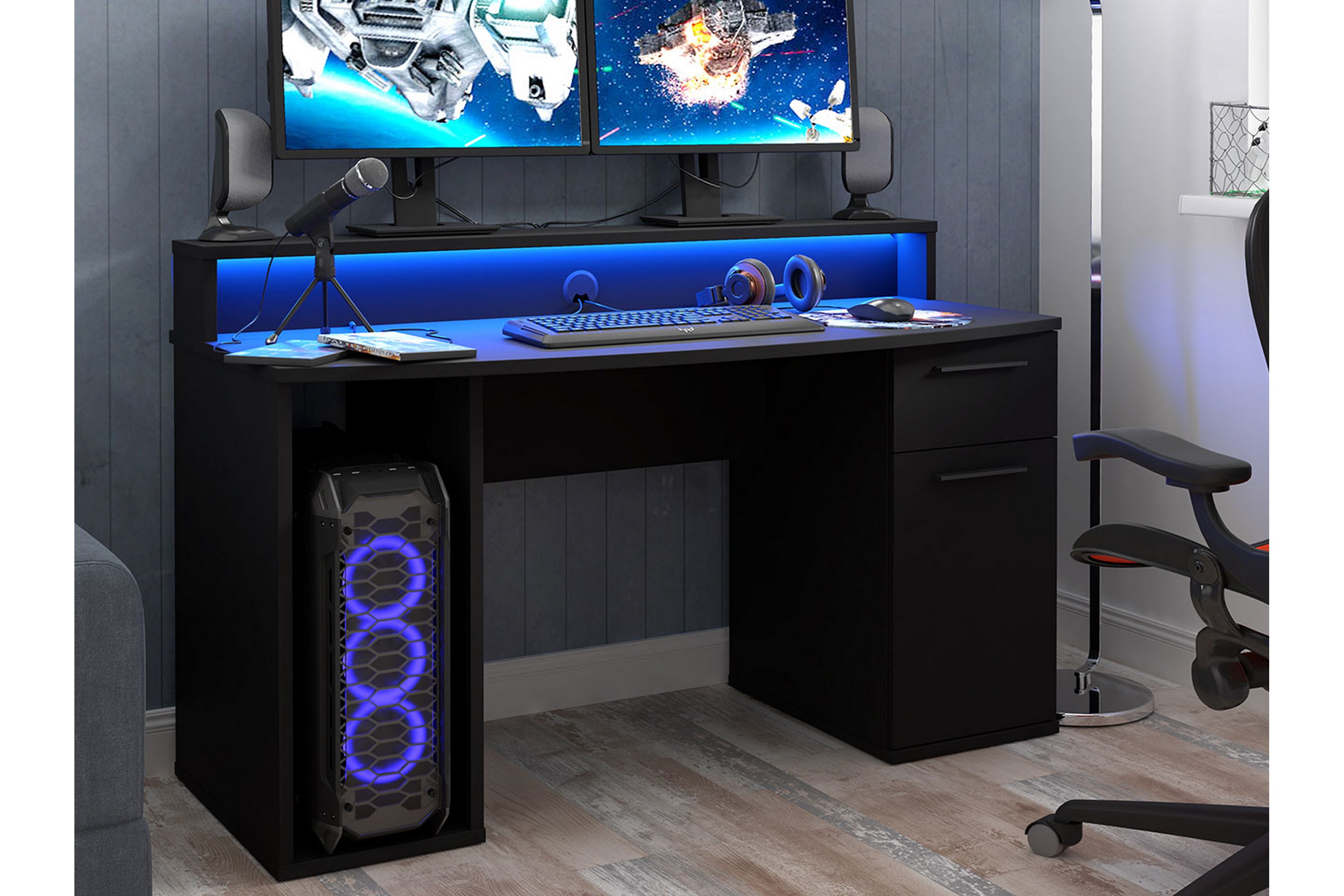 RGB-gamingskrivbord, 140 cm, med fjärrkontroll, med LED-belysning, kan  belastas, arbetsbord, spelbord, datorbord för gaming-PC, med mugghållare  och
